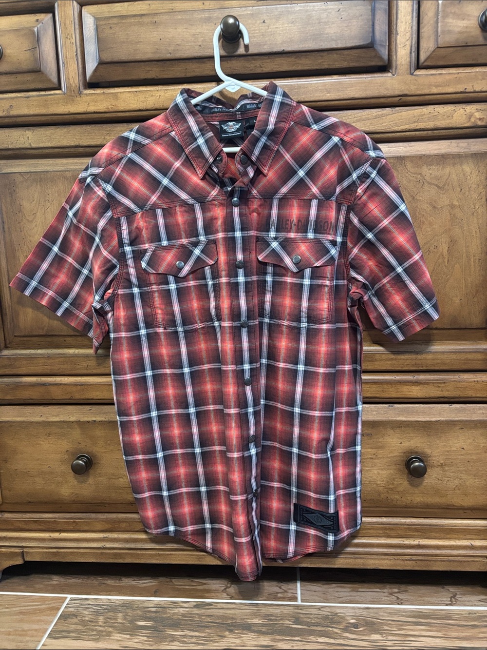 Harley-Davidson Red/orange/gold blend Black Plaid Short-Sleeve Button-Down Shirt
